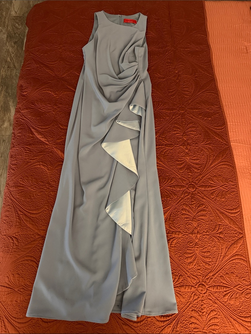 Carmen Marc Valvo Slate Blue Ruffle-Detail Maxi Dress